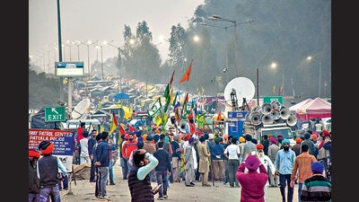 Farmers with their tractors and trolleys at the Punjab-Haryana Shambhu Border, in Patiala district, on Sunday. (PTI) Farmers with their tractors and trolleys at the Punjab-Haryana Shambhu Border, in Patiala district, on Sunday. (PTI)