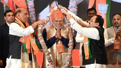 Prime Minister Narendra Modi with defence minister Rajnath Singh and BJP president JP Nadda at Bharat Mandapam on February 17. (Arvind Yadav/HT photo) Prime Minister Narendra Modi with defence minister Rajnath Singh and BJP president JP Nadda at Bharat Mandapam on February 17. (Arvind Yadav/HT photo)