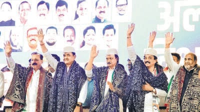 Navi Mumbai, India - Feb. 18, 2024: Maharashtra Deputy CM Ajit Pawar speaks during NCP (Ajit Pawar faction) Minorities Party Wellfare meet held at CIDCO Exhibition Center Vashi, in Navi Mumbai, India, on Sunday, February 18, 2024. (Photo by Bachchan Kumar/ HT PHOTO) (HT PHOTO)