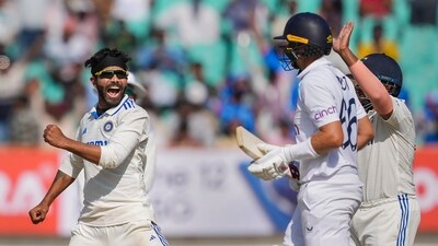 Ravindra Jadeja celebrates the wicket of Joe Root. (PTI) Ravindra Jadeja celebrates the wicket of Joe Root. (PTI)