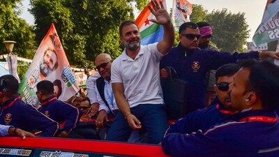 Prayagraj: Congress leader Rahul Gandhi with others greets supporters at a roadshow. (PTI) Prayagraj: Congress leader Rahul Gandhi with others greets supporters at a roadshow. (PTI)