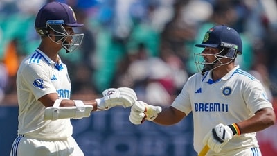 India's Yashasvi Jaiswal and Sarfaraz Khan during the 4th day of the 3rd cricket Test match between India and England, at Niranjan Shah Stadium, in Rajkot (PTI)