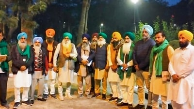 Chandigarh: Farmer leaders before a meeting with Union Ministers amid their ongoing protest over various demands, including a legal guarantee of minimum support price (MSP) for crops, in Chandigarh, Sunday, Feb. 18, 2024. (PTI Photo) Chandigarh: Farmer leaders before a meeting with Union Ministers amid their ongoing protest over various demands, including a legal guarantee of minimum support price (MSP) for crops, in Chandigarh, Sunday, Feb. 18, 2024. (PTI Photo)