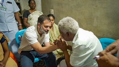 Congress MP Rahul Gandhi meets the family of Ajeesh, a forest watchman who was killed in an elephant attack in Wayanad on February 18. (PTI) Congress MP Rahul Gandhi meets the family of Ajeesh, a forest watchman who was killed in an elephant attack in Wayanad on February 18. (PTI)