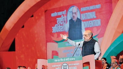 Union home minister Amit Shah at the BJP national convention in New Delhi on Sunday. (X/BJP) Union home minister Amit Shah at the BJP national convention in New Delhi on Sunday. (X/BJP)