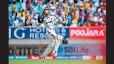 Yashasvi Jaiswal celebrates after scoring his second consecutive double century, at the Niranjan Shah Stadium in Rajkot on Sunday. (AFP) Yashasvi Jaiswal celebrates after scoring his second consecutive double century, at the Niranjan Shah Stadium in Rajkot on Sunday. (AFP)
