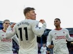 Manchester United's Rasmus Hojlund celebrates after scoring his side's opening goal