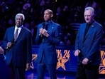 Former Indiana Pacers player Reggie Miller, center, 12-time NBA All-Star Oscar Robertson, left, and NBA legend Larry Bird speak to the fans before the start of the NBA All-Star basketball game in Indianapolis, Sunday, Feb. 18, 2024. (AP Photo/Darron Cummings)