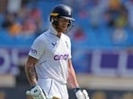 England's captain Ben Stokes reacts as he leaves the field after losing his wicket to India's Ravindra Jadeja on the third day of the third Test