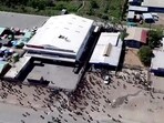 An aerial view of people gathering in Port Moresby, Papua New Guinea. 