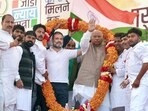 Congress President Mallikarjun Kharge and party leader Rahul Gandhi being felicitated during a public meeting amid the party's Bharat Jodo Nyay Yatra, in Amethi on Monday. 
