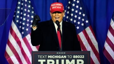 Republican presidential candidate former President Donald Trump speaks at a campaign rally in Waterford Township, Mich., Saturday, Feb. 17, 2024 (AP/PTI) (AP) Republican presidential candidate former President Donald Trump speaks at a campaign rally in Waterford Township, Mich., Saturday, Feb. 17, 2024 (AP/PTI) (AP)