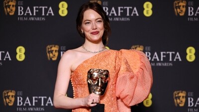 Emma Stone, who won the award for Leading Actress for Poor Things at the BAFTA Awards, in a beautiful one-shouldered peach gown by Louis Vuitton with a huge puffy sleeve. She added sparkle courtesy of the brand's high jewellery collection.&nbsp; (REUTERS)