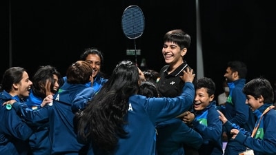 India's Anmol Kharb (C) celebrates after winning against Thailand's Pornpicha Choeikeewong in their women's singles final match at the 2024 Badminton Asia Team Championships in Shah Alam, Selangor (AFP) India's Anmol Kharb (C) celebrates after winning against Thailand's Pornpicha Choeikeewong in their women's singles final match at the 2024 Badminton Asia Team Championships in Shah Alam, Selangor (AFP)