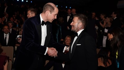 Britain's Prince William, president of BAFTA, talks with David Beckham at the 77th British Academy Film Awards, BAFTA, in London, Sunday, Feb. 18, 2024. (Jordan Pettitt/Pool via AP) (AP) Britain's Prince William, president of BAFTA, talks with David Beckham at the 77th British Academy Film Awards, BAFTA, in London, Sunday, Feb. 18, 2024. (Jordan Pettitt/Pool via AP) (AP)