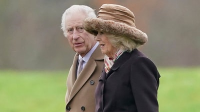 Britain's King Charles III, left, and Queen Camilla leave after attending a Sunday church service at St Mary Magdalene Church in Sandringham, Norfolk, England, Sunday Feb. 18, 2024. (Joe Giddens/PA via AP) (AP)