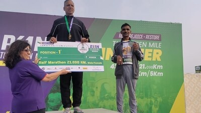 Subhash Singh has secured first position by covering 21 kms in 1 hour 27 minutes, Subhash Singh has secured first position by covering 21 kms in 1 hour 27 minutes,