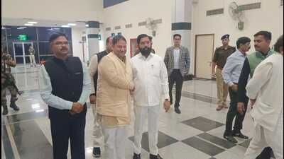 Maharashtra chief minister Eknath Shinde (in white shirt and trousers) was in Agra on Feb 19 to take part in Shiv Janmotsav marking the birth anniversary of Chhatrapati Shivaji Maharaj. (HT photo)
