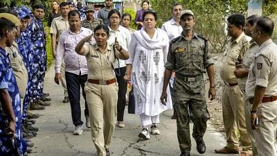 NCW chairperson Rekha Sharma during a visit to Sandeshkhali on Monday. (PTI) NCW chairperson Rekha Sharma during a visit to Sandeshkhali on Monday. (PTI)
