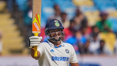 Sarfaraz shone on debut smashing 62 in 66 balls. He fell after a mix-up with Ravindra Jadeja, who was a run away from getting to his century. (PTI) Sarfaraz shone on debut smashing 62 in 66 balls. He fell after a mix-up with Ravindra Jadeja, who was a run away from getting to his century. (PTI)