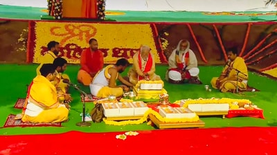 Prime Minister Narendra Modi on Monday laid the foundation stone of the Shri Kalki Dham temple in Uttar Pradesh's Sambhal. (PTI) Prime Minister Narendra Modi on Monday laid the foundation stone of the Shri Kalki Dham temple in Uttar Pradesh's Sambhal. (PTI)