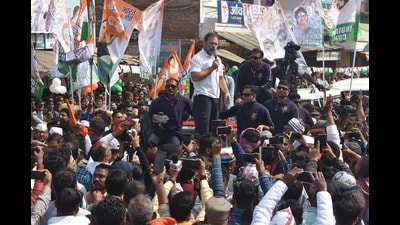 Rahul Gandhi addresses a gathering as part of the Congress’ Bharat Jodo Nyay Yatra in Pratapgarh on Monday. (Anil Kumar Maurya)