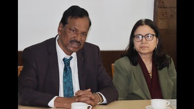 Sachidananda Mohanty and Panjab University V-C Renu Vig during a press conference. (Keshav Singh/HT) Sachidananda Mohanty and Panjab University V-C Renu Vig during a press conference. (Keshav Singh/HT)