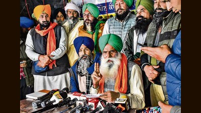 Sarwan Singh Pandher and Jagjit Singh Dallewal address the media at the Punjab-Haryana Shambhu border, in Patiala district, on Monday. (PTI) Sarwan Singh Pandher and Jagjit Singh Dallewal address the media at the Punjab-Haryana Shambhu border, in Patiala district, on Monday. (PTI)