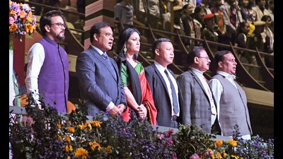 Union sports minister Anurag Thakur and Assam chief minister Himanta Biswa Sarma during the opening ceremony of the fourth Khelo India University Games at the Indira Gandhi Athletic Stadium in Guwahati on Monday. (ANI) Union sports minister Anurag Thakur and Assam chief minister Himanta Biswa Sarma during the opening ceremony of the fourth Khelo India University Games at the Indira Gandhi Athletic Stadium in Guwahati on Monday. (ANI)