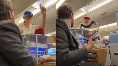 Emirates cabin crew trying out Apple Vision Pro on a flight. (Instagram/@otto.climan) Emirates cabin crew trying out Apple Vision Pro on a flight. (Instagram/@otto.climan)