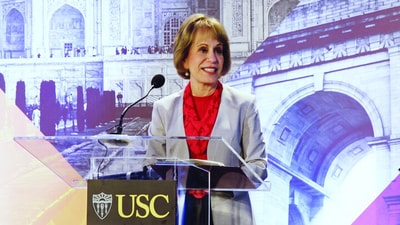 University of Southern California President Dr Carol Folt welcomes the audience at the USC-India Innovation Summit in Mumbai. University of Southern California President Dr Carol Folt welcomes the audience at the USC-India Innovation Summit in Mumbai.