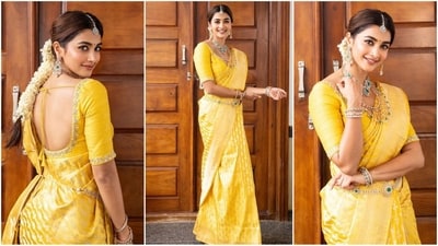 Pooja Hegde is here to give you some stunning ethnic fashion inspiration as the diva exudes timeless glamour with her traditional look in a bright yellow saree. The stylish actress is a total fashionista who keeps nailing her style goals like a pro. Be it a chic jumpsuit or a casual dress, Pooja can pull off any look to perfection. Just a few days ago, she wowed her fans in a breathtaking lehenga ensemble and this time, she is making her fans swoon draped in six-yards of grace. With the wedding season just around the corner, Pooja's ethereal look serves as a perfect inspiration. Scroll down to to take some fashion notes. (Instagram/@hegdepooja) Pooja Hegde is here to give you some stunning ethnic fashion inspiration as the diva exudes timeless glamour with her traditional look in a bright yellow saree. The stylish actress is a total fashionista who keeps nailing her style goals like a pro. Be it a chic jumpsuit or a casual dress, Pooja can pull off any look to perfection. Just a few days ago, she wowed her fans in a breathtaking lehenga ensemble and this time, she is making her fans swoon draped in six-yards of grace. With the wedding season just around the corner, Pooja's ethereal look serves as a perfect inspiration. Scroll down to to take some fashion notes. (Instagram/@hegdepooja)