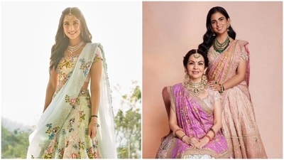 Radhika Merchant, Isha Ambani and Nita Ambani in Anamika Khanna lehengas. (Instagram) Radhika Merchant, Isha Ambani and Nita Ambani in Anamika Khanna lehengas. (Instagram)