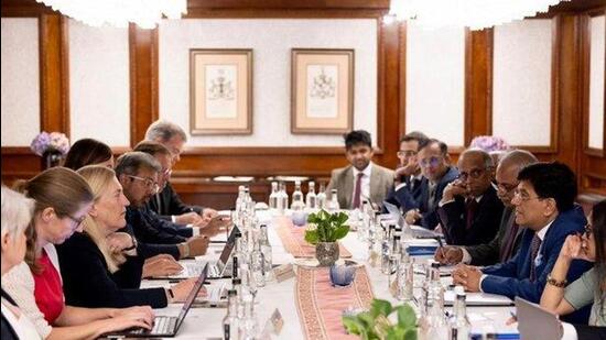 Commerce and Industry Minister Piyush Goyal at a meeting with a delegation from the European Free Trade Association (EFTA) led by Swiss State Secretary for Economic Affairs, Helene Budliger Artieda in London, July, 2023. (Photo credit:PIB)