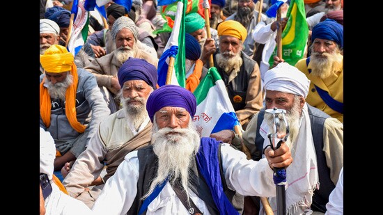 Farmers protest at Shambhu border near Patiala district on Monday. (PTI)