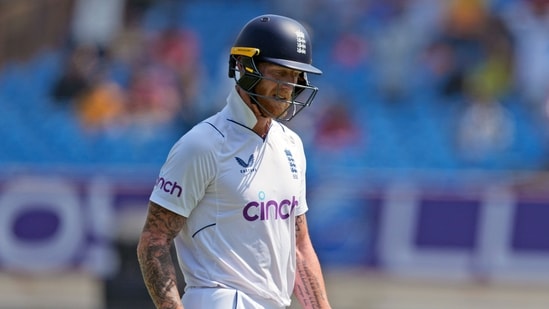 England's captain Ben Stokes reacts as he leaves the field after losing his wicket to India's Ravindra Jadeja on the third day of the third Test (AP)