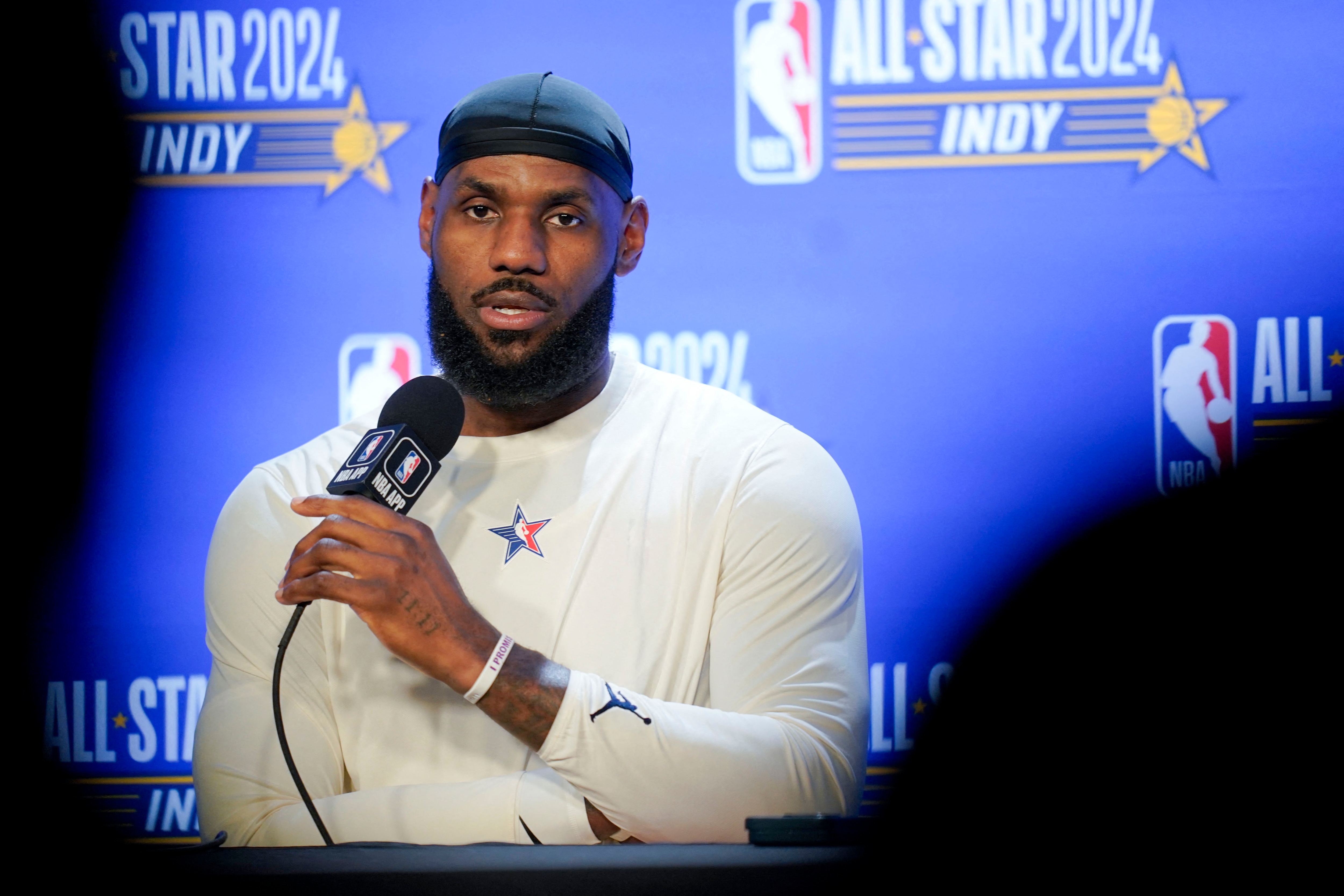Feb 18, 2024; Indianapolis, Indiana, USA; Western Conference forward LeBron James (23) of the Los Angeles Lakers talks to media before the 73rd NBA All Star game at Gainbridge Fieldhouse. Mandatory Credit: Grace Hollars-USA TODAY Sports (USA TODAY Sports via Reuters Con)