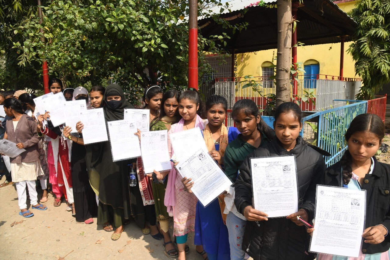Students standing in queue to appear in the Bihar Board class 10th examination at DAV High School Danapur in Patna  (Santosh Kumar )