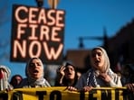 Pro-Palestinian demonstrators march after taking part in a rally demanding a ceasefire and the end of Israel attacks on Gaza at the borough of Queens in New York, U.S., February 19, 2024.  