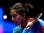 India's Ayhika Mukherjee in action during her women's singles group stage match against China's Sun Yingsha 