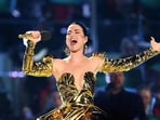 Singer Katy Perry wore a custom-gilded gold ballgown featuring a corseted bodice by Vivienne Westwood for King Charles III’s coronation concert earlier this year
