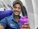 Mayank Agarwal with his own water bottle aboard a flight. Mayank Agarwal with his own water bottle aboard a flight.