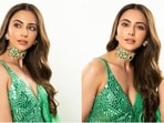 Rakul Preet Singh wore a green sharara set for her Dhol night. Rakul Preet Singh wore a green sharara set for her Dhol night.