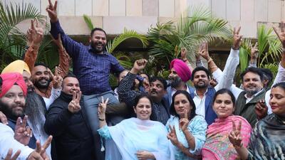 AAP’s Kuldeep Kumar celebrating his win in the Chandigaeh mayoral polls. (Keshav Singh/HT)