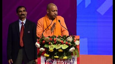Chief minister Yogi Adityanath addresses the FDI Conclave on the second day of ground- breaking Ceremony 4.0, at Indira Gandhi Pratishthan in Lucknow on Tuesday (Deepak Gupta/HT Photo))