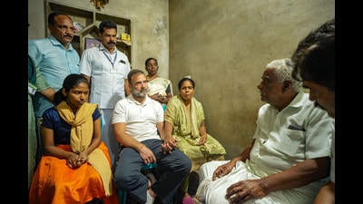Cogress MP Rahul Gandhi meets the family of Ajeesh, a forest watchman who was killed in an elephant attack, in Wayanad on Sunday. (PTI) Cogress MP Rahul Gandhi meets the family of Ajeesh, a forest watchman who was killed in an elephant attack, in Wayanad on Sunday. (PTI)