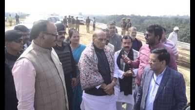 Defence minister Rajnath Singh inspects Outer Ring Road works in Lucknow on Tuesday (Mushtaq Ali) Defence minister Rajnath Singh inspects Outer Ring Road works in Lucknow on Tuesday (Mushtaq Ali)