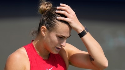 Aryna Sabalenka reacts after losing a ball to Donna Vekic from Croatia during a match of the Dubai Duty Free Tennis Championships in Dubai, United Arab Emirates, Monday, Feb. 19 (AP) Aryna Sabalenka reacts after losing a ball to Donna Vekic from Croatia during a match of the Dubai Duty Free Tennis Championships in Dubai, United Arab Emirates, Monday, Feb. 19 (AP)