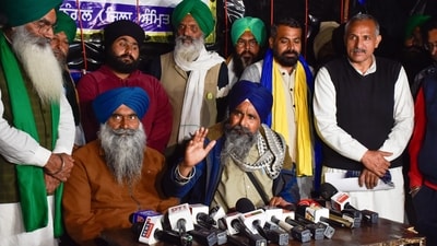 Farmer leader Sarwan Singh Pandher addressing the media at the Punjab-Haryana Shambhu Border, in Patiala district. (PTI) Farmer leader Sarwan Singh Pandher addressing the media at the Punjab-Haryana Shambhu Border, in Patiala district. (PTI)