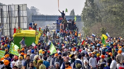 Farmers during the protest at the Punjab-Haryana Shambhu border, in Patiala district, on Tuesday. (PTI) Farmers during the protest at the Punjab-Haryana Shambhu border, in Patiala district, on Tuesday. (PTI)